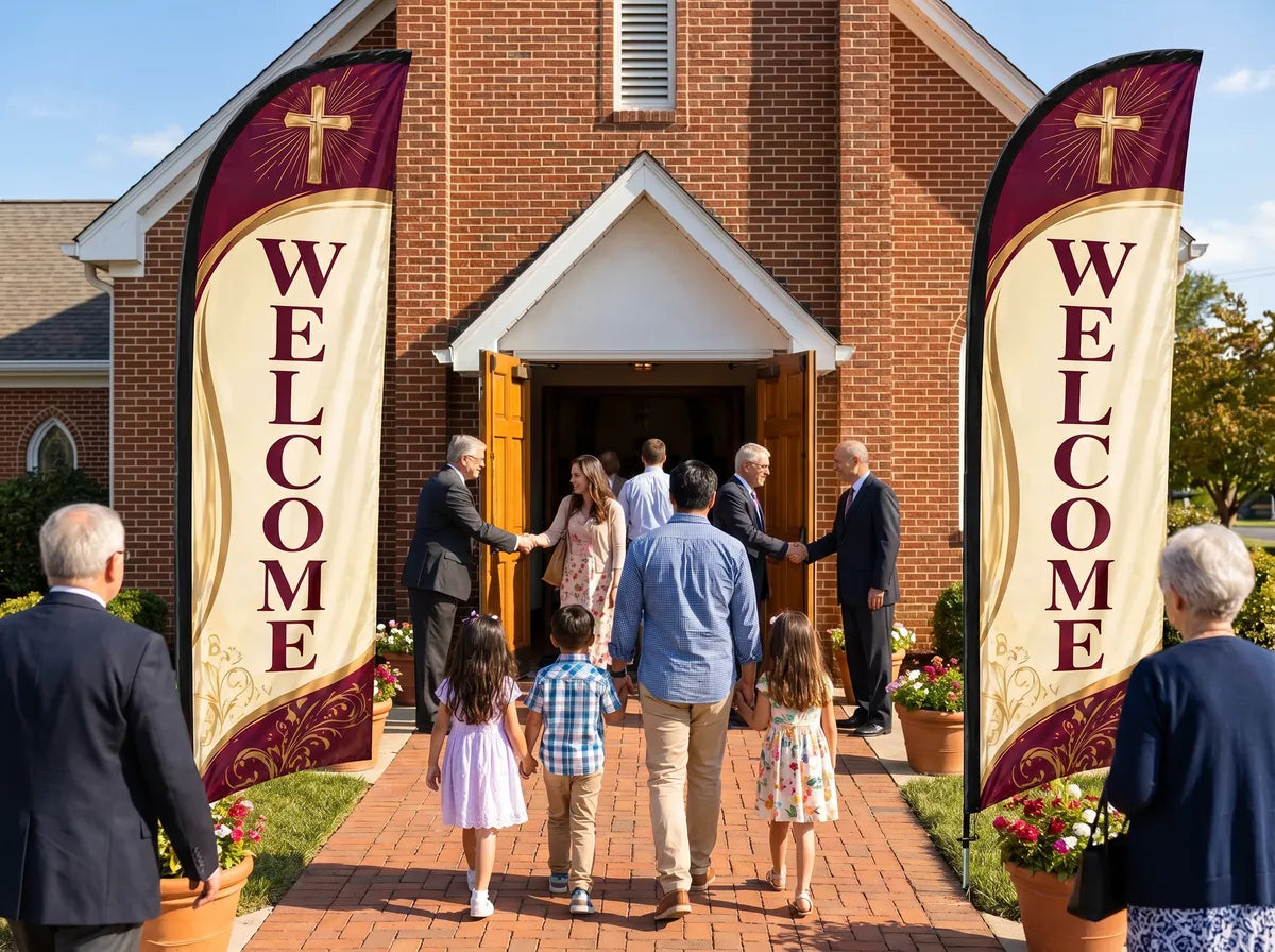 Two welcome feather flags flanking the main entrance of a brick church with greeters and families arriving