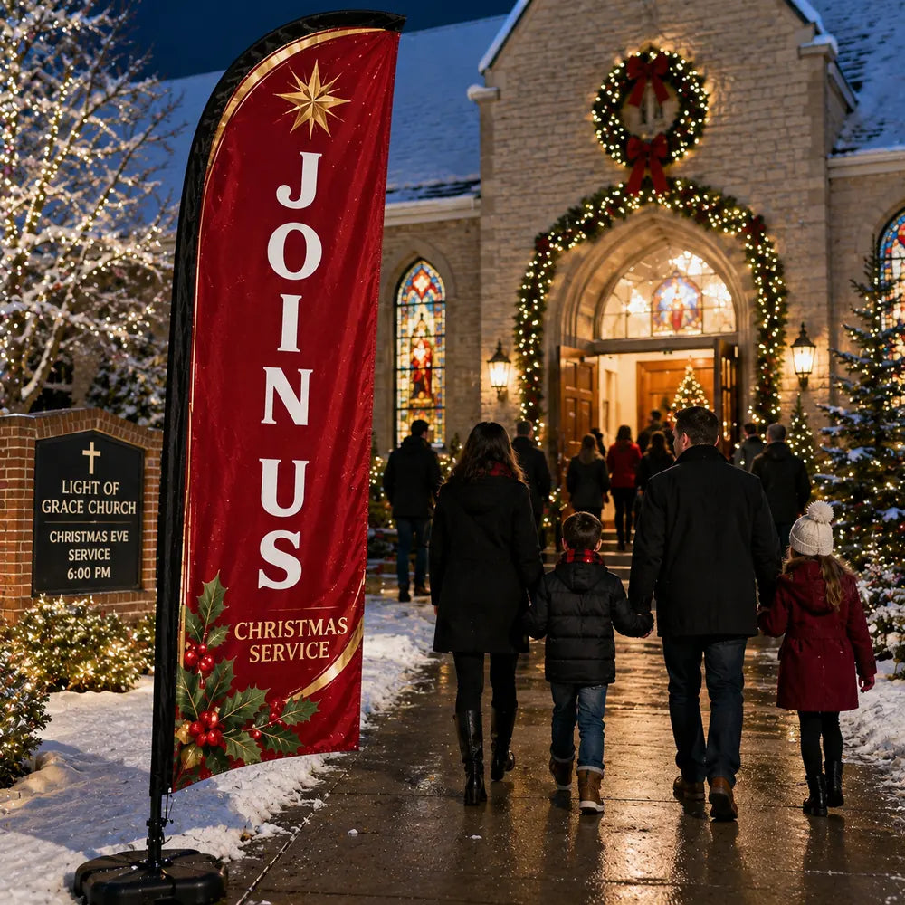church feather flag with Christmas Join Us theme outside holiday church night service