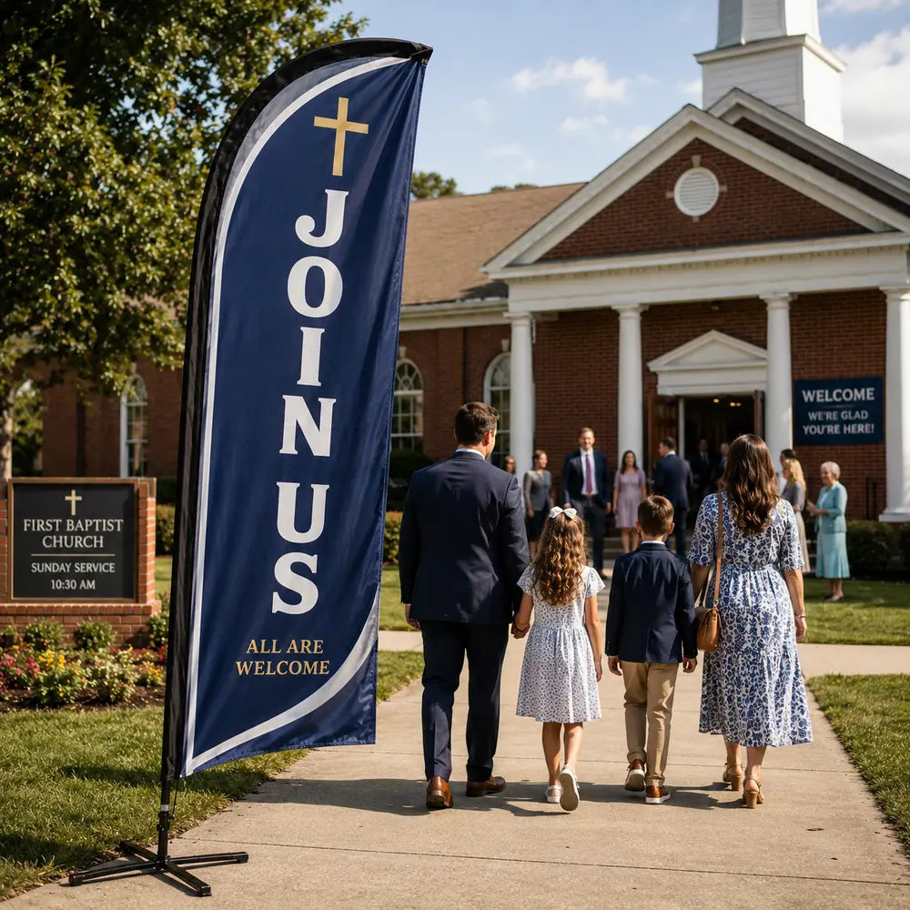 church join us feather flag classic navy blue and gold cross design outside First Baptist Church Sunday service
