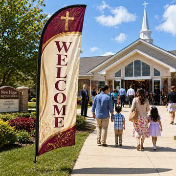 Welcome feather flag for church outside Sunday service entrance with families and greeters arriving