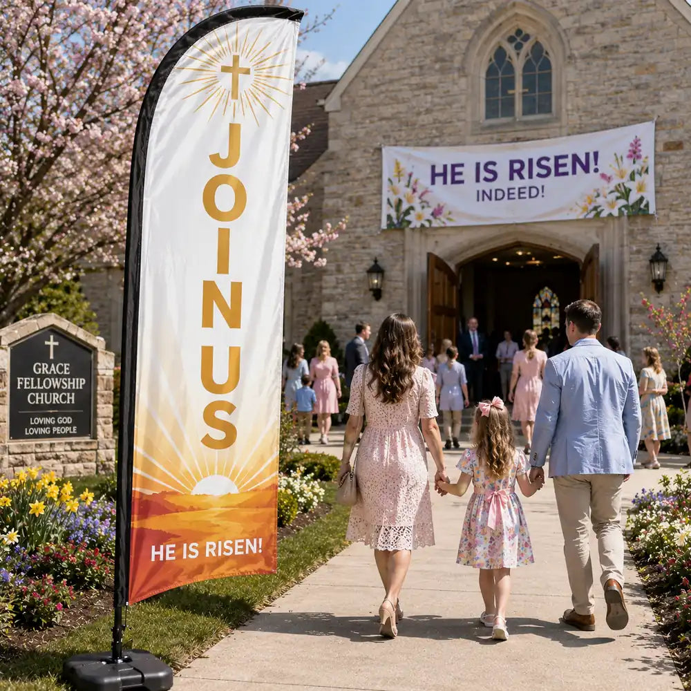 church feather flag with Easter Join Us theme outside spring church service entrance