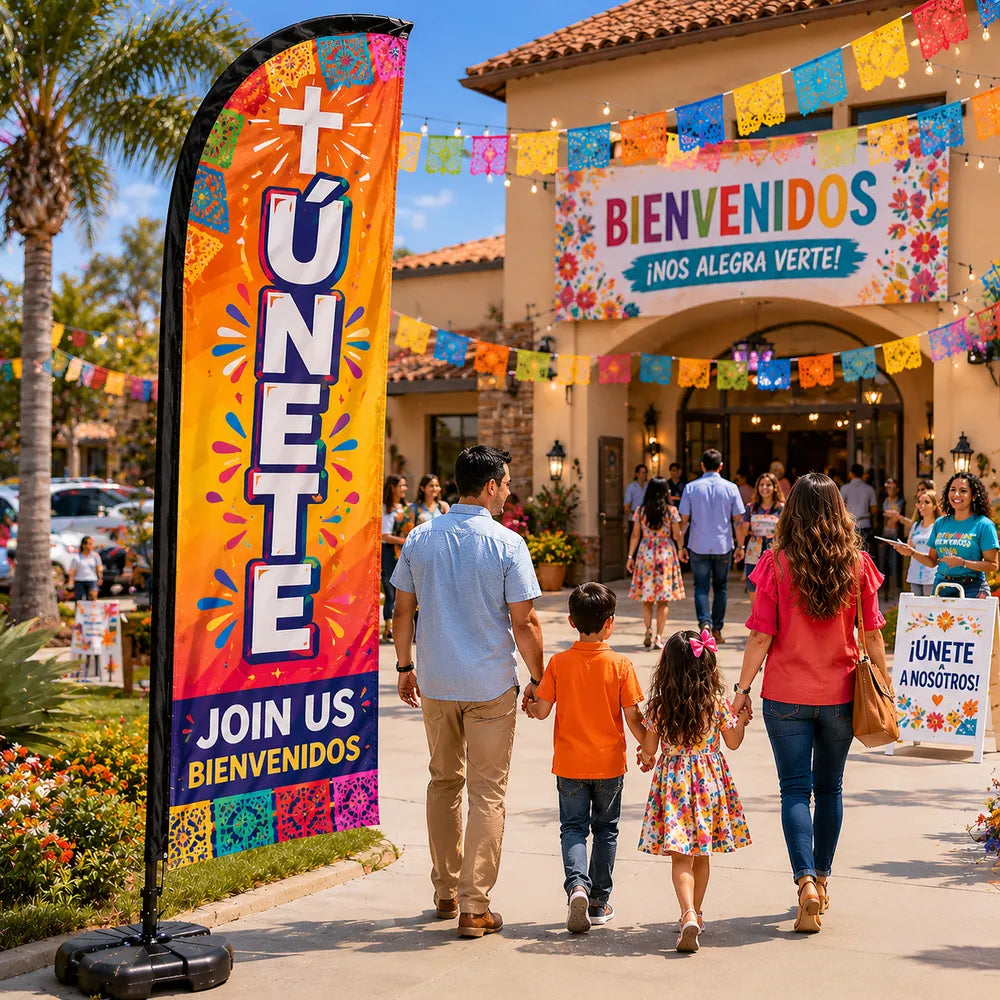 church feather flag with Hispanic ministry Unete theme outside bilingual church gathering