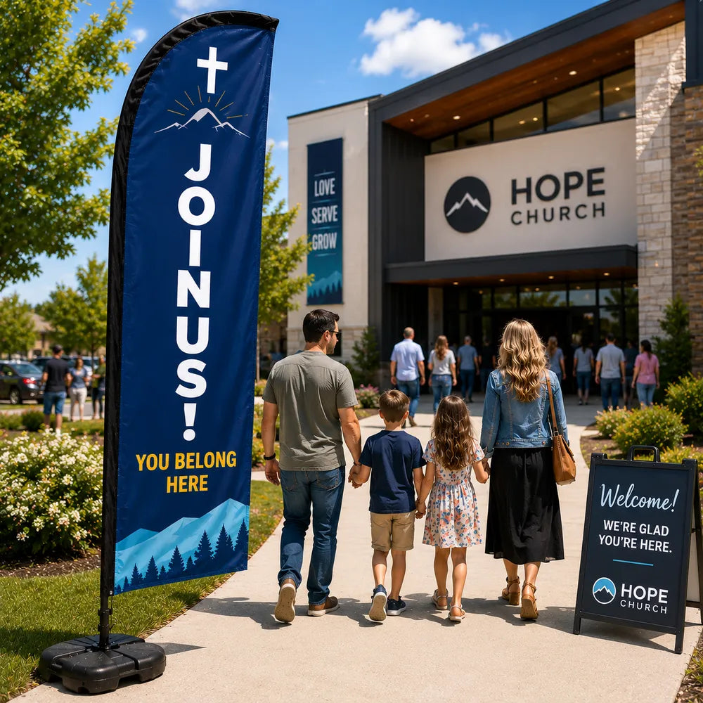 church feather flag with launch Sunday Join Us theme outside new church plant