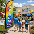 church feather flag with VBS kids Join Us theme outside summer church event