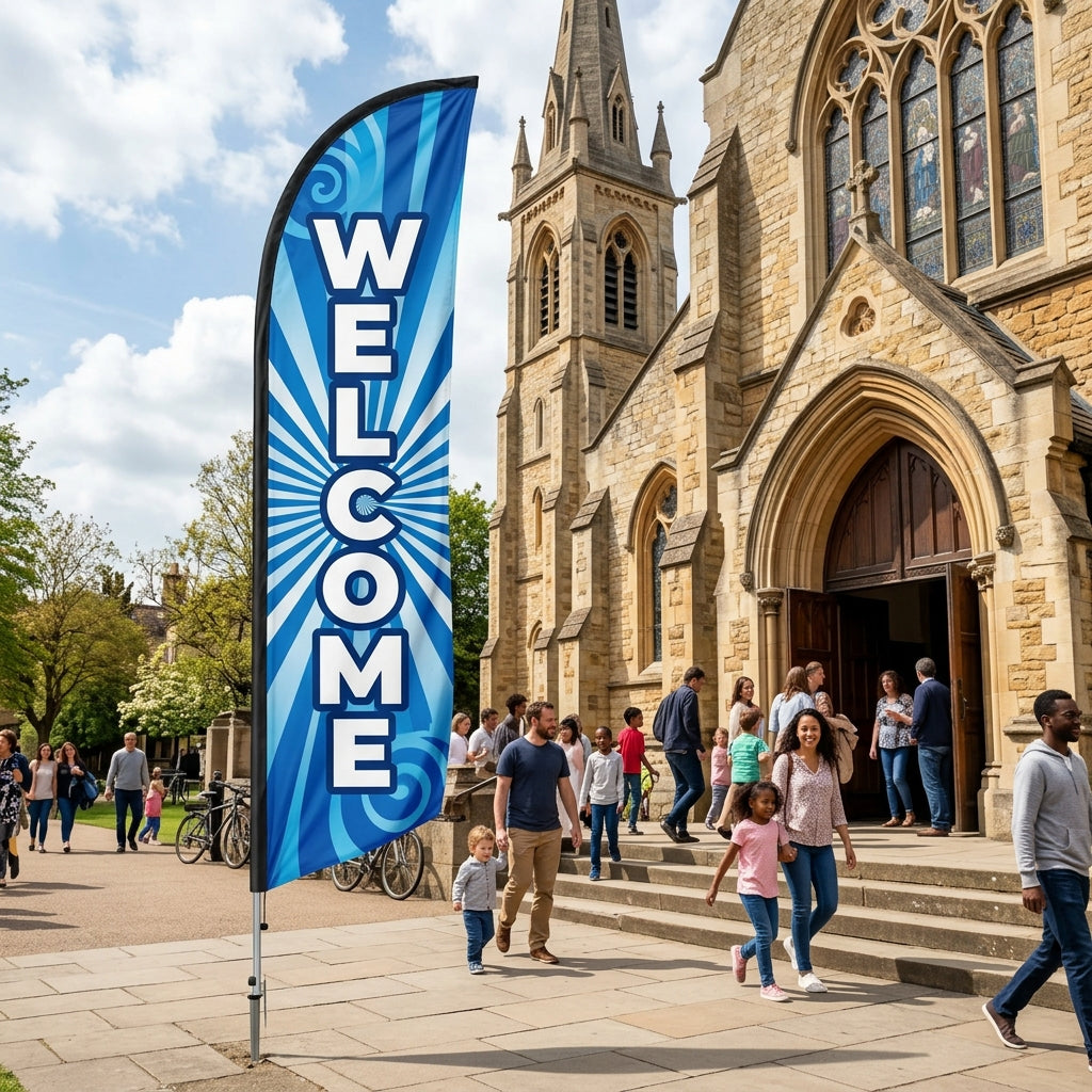 Welcome & Glad You Are Here - Church Feather Flag