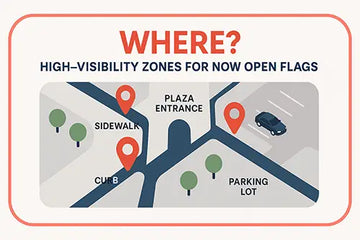 NOW OPEN feather flag positioned on sidewalk or curb outside high-traffic storefront