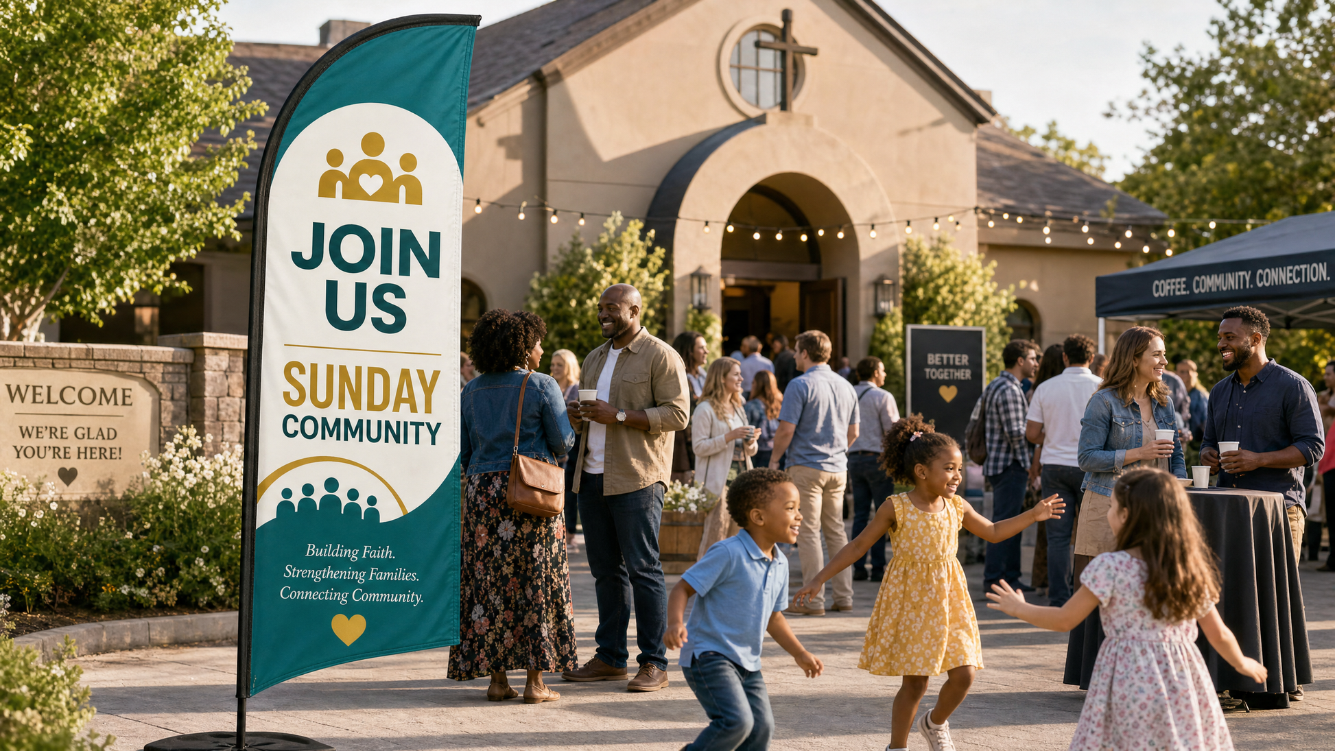 Join Us community church feather flag in a bustling church courtyard