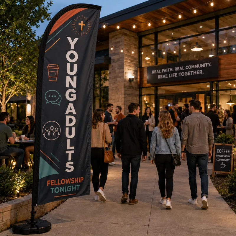 Young Adults Fellowship church feather flag at an outdoor church cafe during a fellowship event