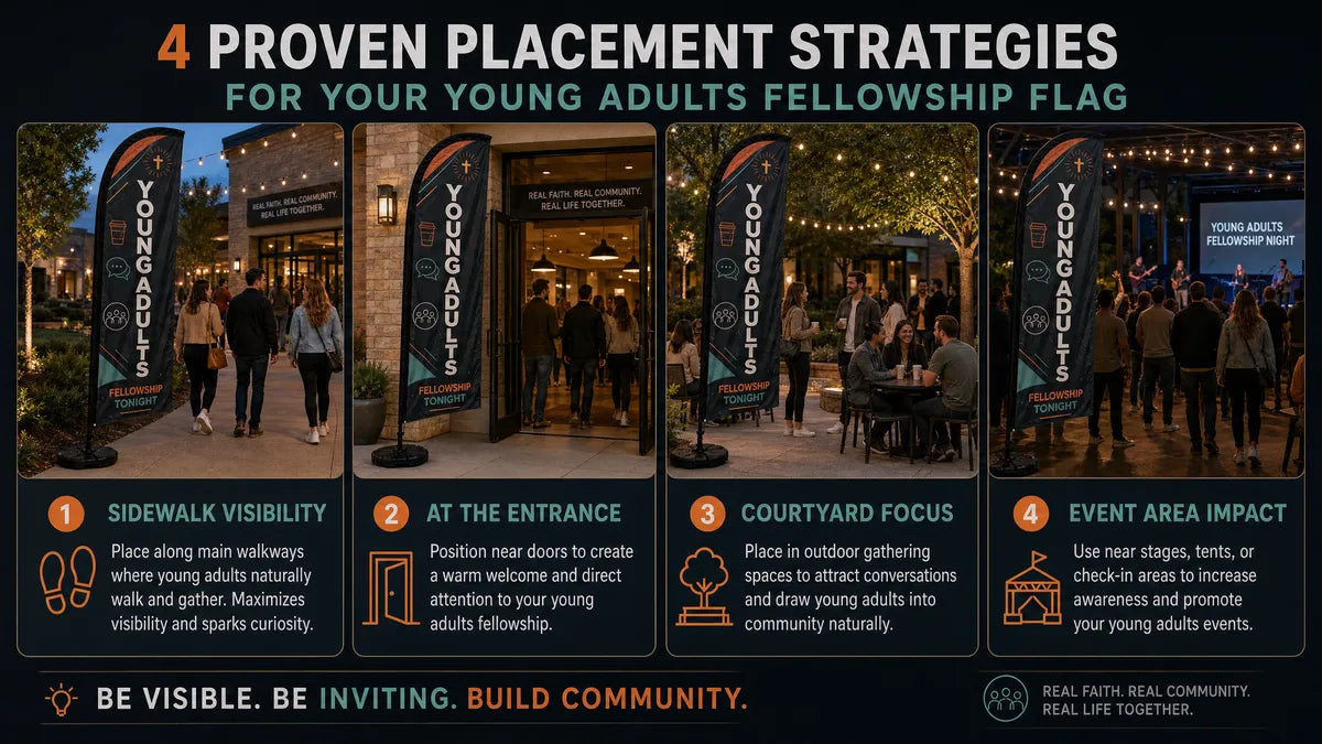 Infographic showing 4 proven placement strategies for Young Adults Fellowship church feather flag