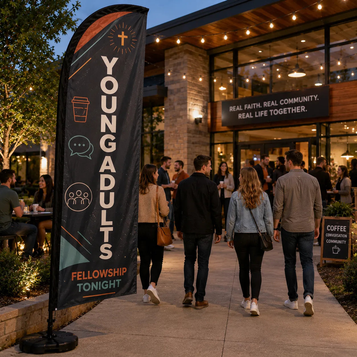 Young Adults Fellowship church feather flag outside a church courtyard café with young adults gathering at night