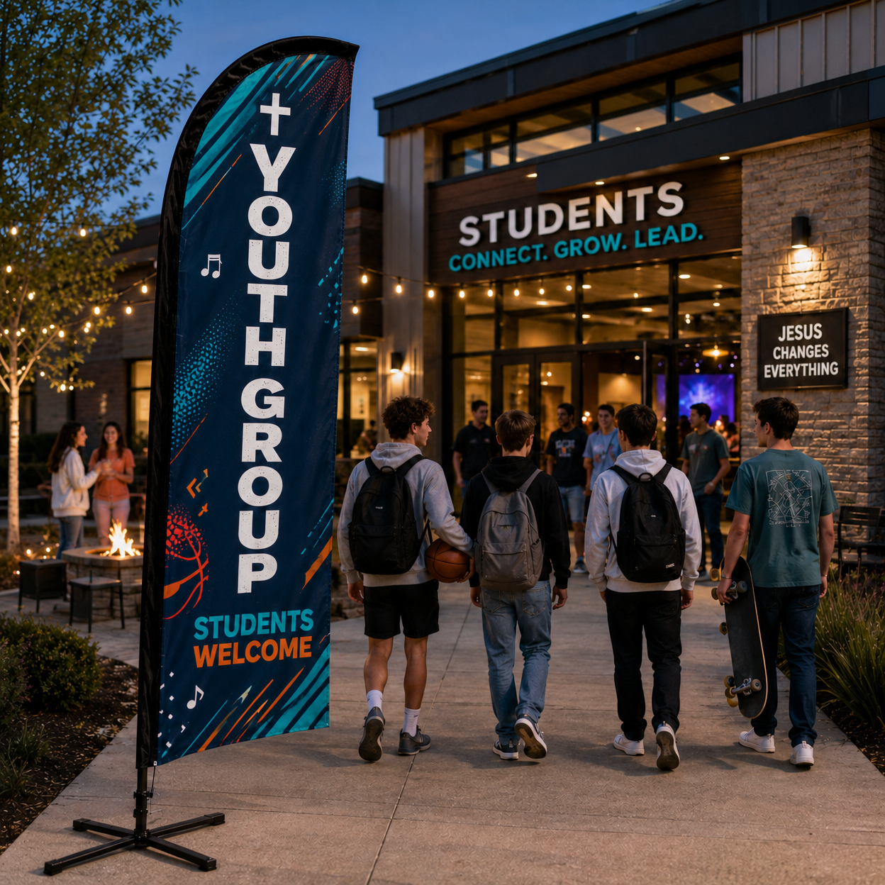 Youth group church feather flag outside a student ministry center with teenagers and youth leaders arriving
