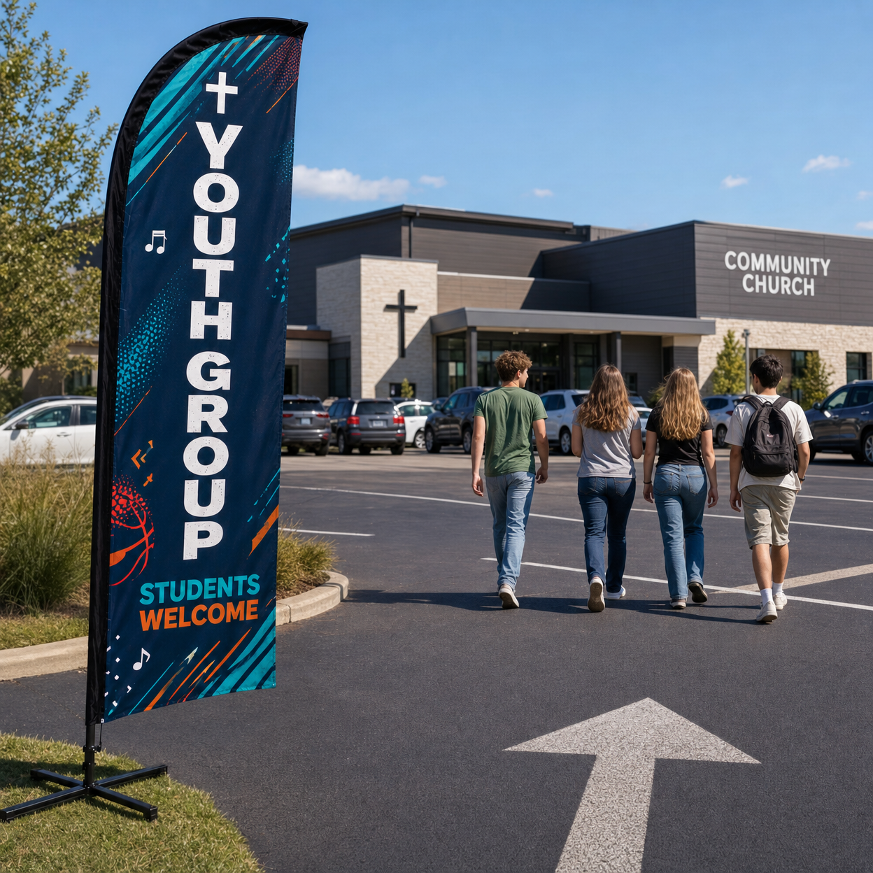 Youth group church feather flag in a church parking lot, guiding students towards an event